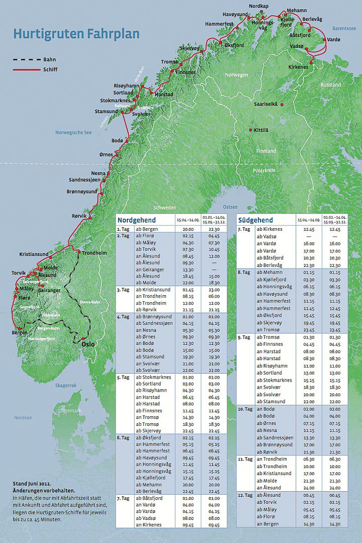 Der Fahrplan der Hurtigrute (Stand April 2008)