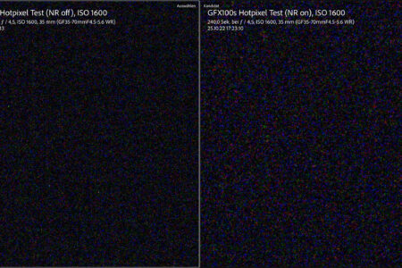 GFX 100S. 240 sec ISO 1600 NR off vs. on, +4 (!) EV, 200%