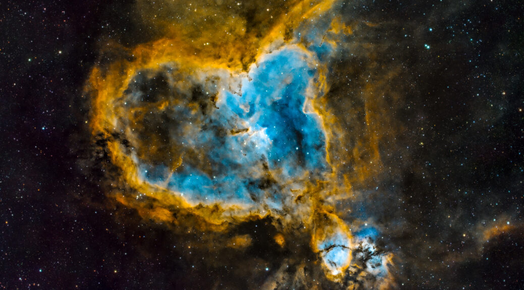 22.8.2026 - IC1805 Heart Nebula, SHO, 1.6h RGB, 6.5h HaO3, 12.5h S2O3 im Dez 25 - Jan 26